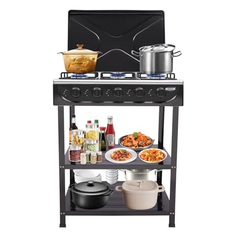 Liffshsy 5 Burner Natural Gas Stove Natural Grills, Portable Gas Stove Freestanding Camp Stove with 2 Tier Storage Rack and Wind Shield,Indoor Natural Stove for Fishing RV Travel (Black) Cover