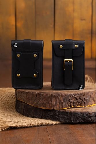 Image of Genuine Leather Motorcycle Tank Strap with Pouch Compatible with Royal Enfield Hunter 350 (Black)