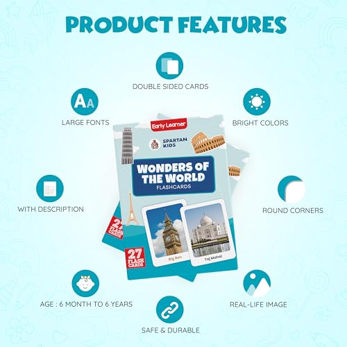 Image of SPARTAN KIDS Wonders of The World Creative Thinking Flash Cards for Kids | 27 Early Learning Flash Cards Easy & Fun Way of Learning 1 Year to 6 Years Babies