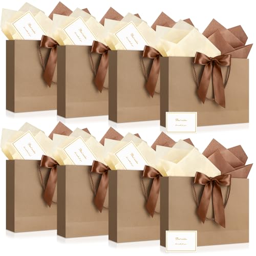Image of JMANNI Gift Bags with Handles, 13 inch Medium Gift Bag for Presents, 8 Pcs Bags with 16 Tissue Paper and 8 Cards for Baby Shower Wedding Bridal Shower Mother's Day Birthday Party (brown