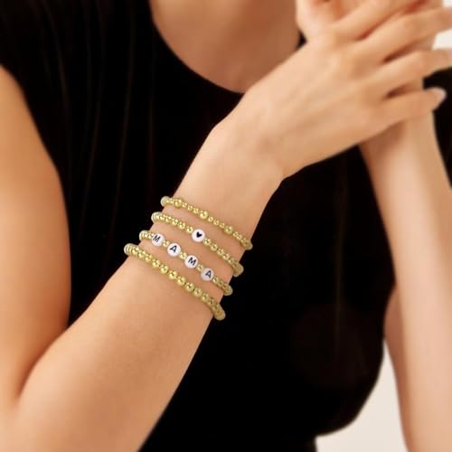 Emibele Mama Bracelet Stack 4Pcs, Love Heart Mom Beaded Bracelet Set, Elastic Stackable Stretch Bracelet for Women Mother Day Gift, Gold - Afbeelding 3