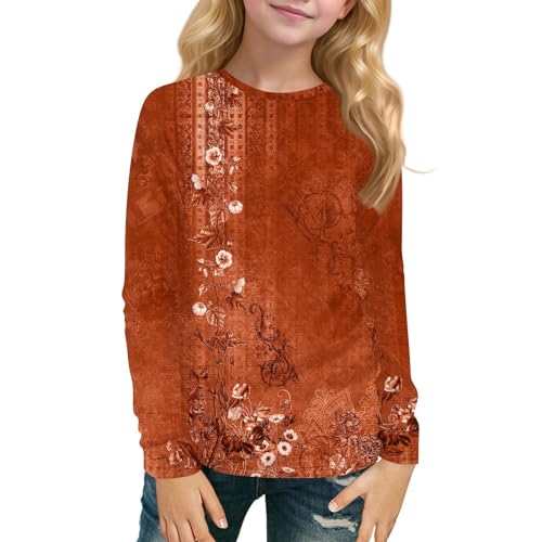 Girls Long Sleeve Casual Floral Print T-Shirt Soft Lightweight Pullover Crewneck Top for Kids Fall Winter Clothes