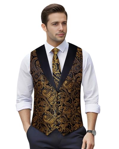 Image of DiBanGu Mens Paisley Suit Vest Silk Jacquard Waistcoat and Necktie Set Formal Shawl Collar Dress Vest 7PCS for Wedding Party