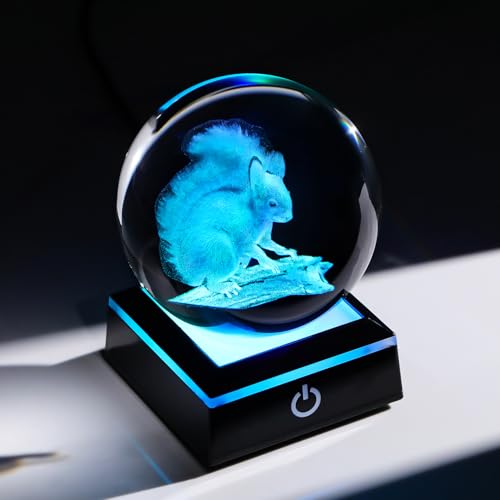 Image of Arikyrist 3D Squirrel Figurine Crystal Ball with Colorful Light Base, Laser Engraved Squirrel Gifts for Women Men on Christmas Birthday, Squirrel Ornament Glass Decorative Ball for Home Decor (80mm)