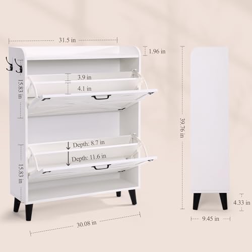 Homdox-Shoe-Cabinet-with-2-Flip-Drawers-Hidden-Slim-Shoe-Storage-Cabinet-with-Adjustable-Shelves-Freestanding-Farmhouse-Narrow-Shoe-Organizer-Cabinet-for-Entryway-Foyer-Hallway-White Homdox Shoe Cabinet with 2 Flip Drawers Hidden Slim Shoe Storage Cabinet with Adjustable Shelves Freestanding Farmhouse Narrow Shoe Organizer Cabinet for Entryway Foyer Hallway White