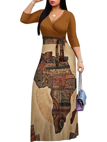 Image of PinkPatty Plus Size Maxi Dresses for Women Casual Flowy Long Dress 3 /4 Sleeve V Neck Wrap Dress with Belt