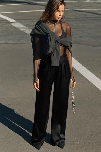 GOKATOSAU Women's Casual Wide Leg Pants High Waist Pleated Satin Straight Long Trousers3