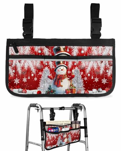 Anzona Red Christmas Snowman Wheelchair Side Bag Walker Bag, Winter Snowflake Pine Leaf Wheelchair Accessories Armrest Pouch, Organizer Storage Bag for Walkers, Rollators, Scooters, 7.3''x13''