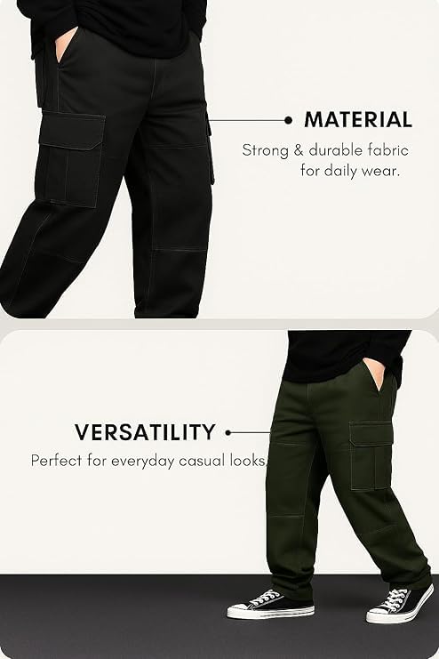 Image of Men Cargo Pants 100% Cotton | Relaxed Fit Utility Cargos for Men with 6 Pockets | Breathable Durable Fabric | Casual Streetwear Travel & Outdoor Pants