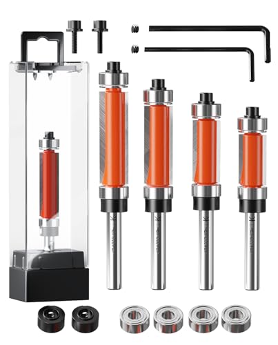 Crosstar 4Pcs Flush Trim Router Bit Set 1/4 Shank Top & Bottom Bearing Carbide Template Guide Bits for Woodworking - 1/2 Diameter 3/4 1 1-1/4 1-1/2 Cutting Length with Wrenches & Bearings