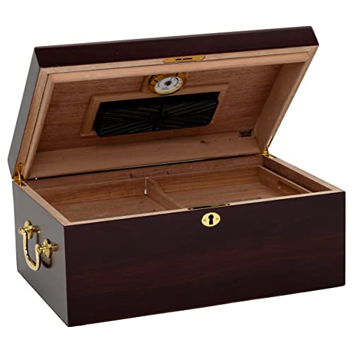 Quality Importers Tuscany Desktop Humidor, Up To 100 Cigars, Lined With Spanish Cedar, Glass Hygrometer With Brass Ring, 1 Large Rectangle Humidifier, Lock And Key With Tassel #TOP1