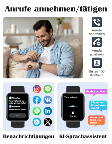 Smartwatch für Damen Herren Bluetooth-Anruffunktion 1.85" HD Fitnessuhr – Ansicht 2