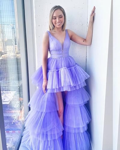Xijun Women's High-Low V Neck Tulle Prom Dresses Long Layered Puffy Formal Evening Party Gowns with Train4