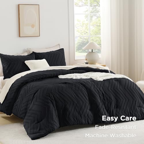 Image of Andency Black Comforter Queen, Boho Soft Fluffy Warm Lightweight Bedding Comforter Sets for Queen Bed, 3 Pieces Chevron Tufted Aesthetic Microfiber Lightweight Comforter Set