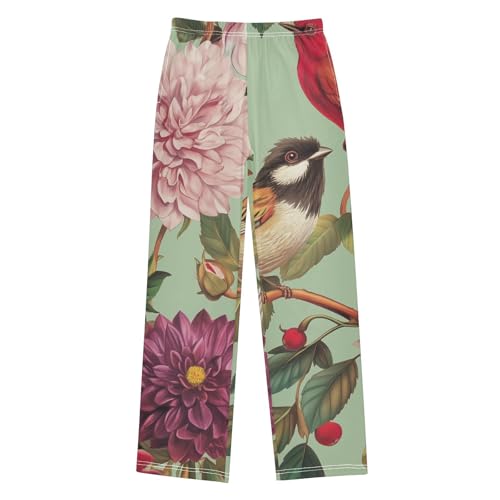 Spring Birds Peonies Boys Long Pants Soft Trousers Elastic Waist Kids Lounge Bottoms with Pockets S-XL