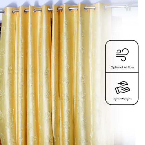 Image of Fabrilia Embossed Tree Motif Light Filtering Curtains for Living Room & Bedroom - Set of 2, Yellow (9 feet)