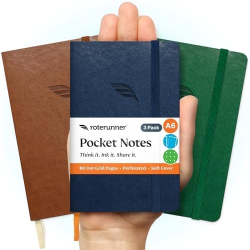 A6 Pocket Notebook (Bold Classic) 3 Pack 3.5x5.5 Dotted Mini Notebook Journal 100Gsm Perforated Paper, Work Gym Travel Journal Notebook, Leather Small Notebook Numbered with Notes Index