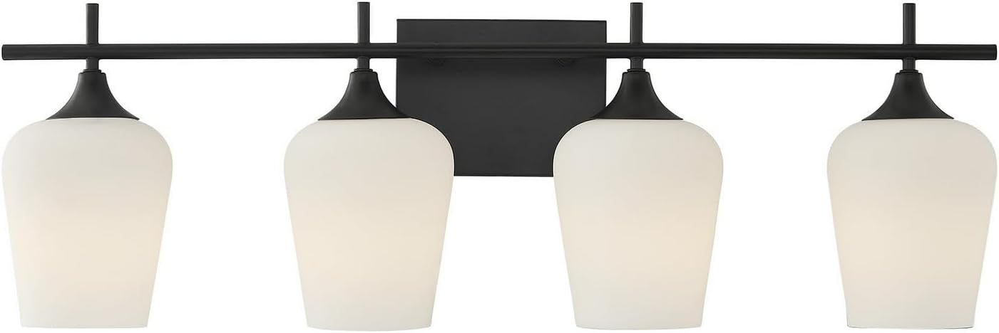 Savoy Essentials 8-6030-4-BK Octave White Opal Bathroom Vanity Wall Light, 4-Light 240 Total Watts, 10" H x 29" W, Matte Black