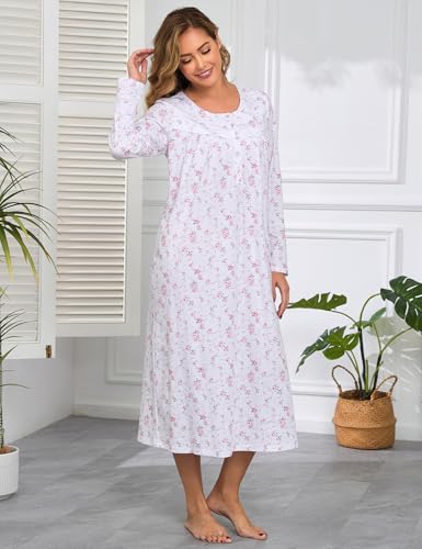 Image of IZZY + TOBY Nightgowns for Women Long Sleeve Soft Cotton Long Warm Nightdress Kintted Night Gown