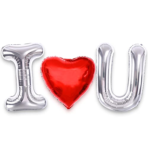 Image of KatchOn, Silver I Love You Balloons for Him- Big 40 Inch | Red Heart Anniversary Day Decorations | Love Balloons for Romantic Night | Red Heart Balloons | Valentines Day Decorations | Valentines Decor