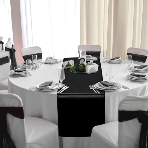 Image of 12Pack 12x108 Inch Satin Table Runner and 84 Inch Round Plastic Tablecloths White and Black Disposable Round Table Cover for Graduation Wedding Bridal Shower Anniversary Birthday Party Decorations