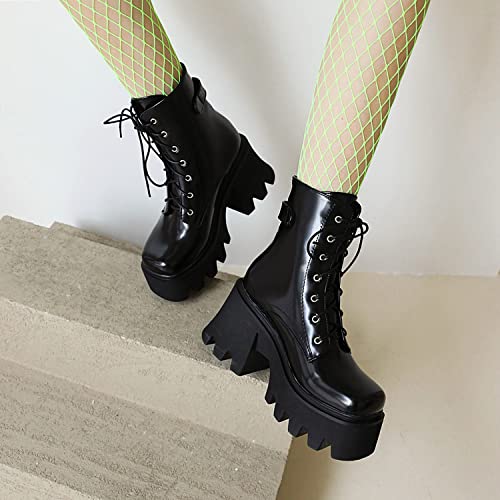 DXSYMJM Women's Chunky Platform Goth Combat Boots Punk High Heel Lace Up PU Leather Casual Winter Boots3