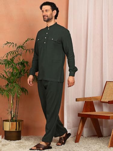 Image of See Designs Men's Full Sleeve Mandarin Collar Linen Solid Pathani Set