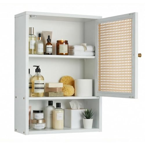 Takywep Bathroom Cabinet Bamboo Medicine Cabinet Wall Mounted with Rattan Doors & Adjustable Shelf, Over The Toilet Storage Cabinet for Bathroom, Kitchen, Laundry and Living Room White