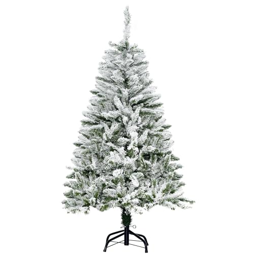 HOMCOM Árbol de Navidad Artificial 120 cm con Nieve Ignífugo con 200 Ramas Apertura Automática Base Plegable y Soporte Metálico Decoración Navideña para Interiores Verde