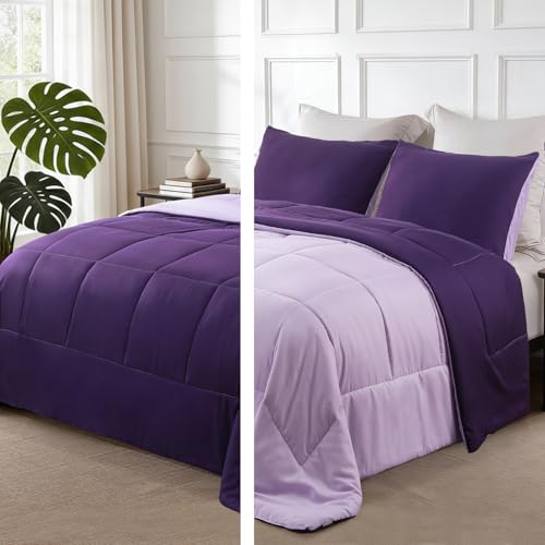 Exclusivo Mezcla Lightweight Reversible Twin Size Comforter Set Down Alternative Comforter with 1 Pillow Sham Twin Size Bedding Set for All Seasons Deep Purple/Lilac