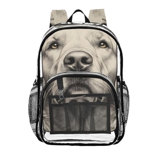 Golden Retriever Floral Cute Clear Backpack, PVC Transparent Bag with Large Capacity for Boys, Girls, Men, Women, See Through Bookbag for School Work College Travel