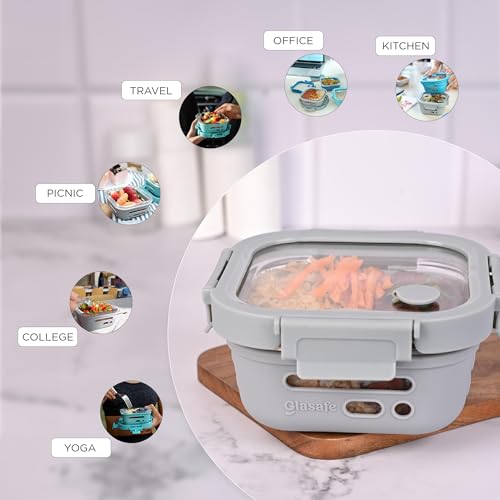 Image of GLASAFE Borosilicate Glass Lunch Box for Office w /t Air-Tight lid & Protective Silicone Sleeve | Tiffin Box for Men & Woman | Microwave & Dishwasher Safe | Leakproof Design | Set of 2-320ml (Grey)
