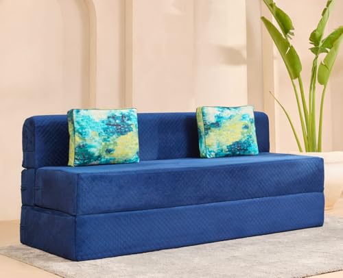 Image of uberlyfe Xtra High, Xtra Soft 3 Seater (6' x 6') Sofa Cum Bed | 1 Year Warranty | 17 inch Sofa Height | King Size Foldable Bed | Plush Laser Quilted Fabric| 2 Cushions Ocean Hues Pattern | Deep Blue Color