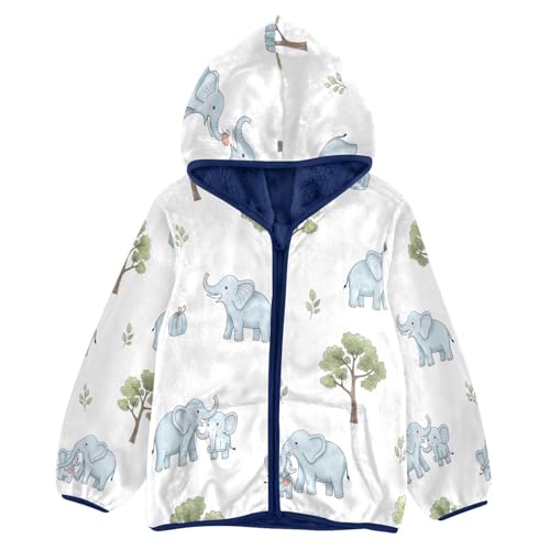 Elephant Trees and Leaves Pattern Toddler Fleece Jacket Girl Boys Hooded Fleece Jacket Coat Warm Outwear Zip-up 3-10T