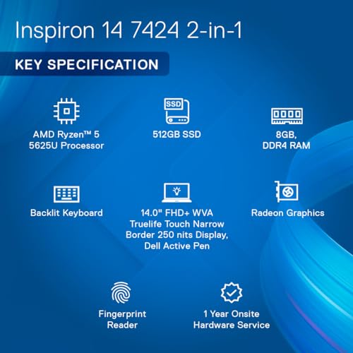 Image of DELL Inspiron 7425 2in1 Touch Laptop,Ryzen 5-5625U, Win11 + MSO'21,8GB GDDR4,512GB SSD,14 inch (35.56cm) FHD Touch 250 nits, Active Pen, Backlit KB + FPR,15 Month McAfee,Thin & Light-1.7Kg