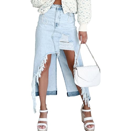 Long Denim Skirt High Waist Frayed Tassel Irregular Hi-Low Back Slit Midi Jean Skirt for Women(Blue,l)