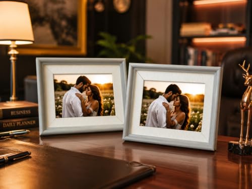 Image of 4x6 Inch Photo Frame Set of 2 - Acrylic Front Table Top Photo Frames with Stand, Dual Orientation Portrait & Landscape Display for Home Office Decor (textured white with light grey border)