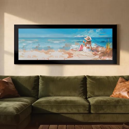 Image of PAINTINGMANTRA Girl Enjoying on Beach Summer Vacation Wall Art Framed Luxury Paintings for Home Decoration, Living room, Bedroom and Office Decoration (99x38 CM)