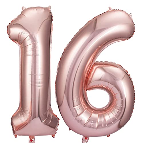 Rose Gold 16 Number Balloons Big Giant Jumbo Large Number 16 Foil Mylar Balloons for Girl Boy Men Sweet 16th Birthday Party Supplies 16 Anniversary Events Decorations-40 inch