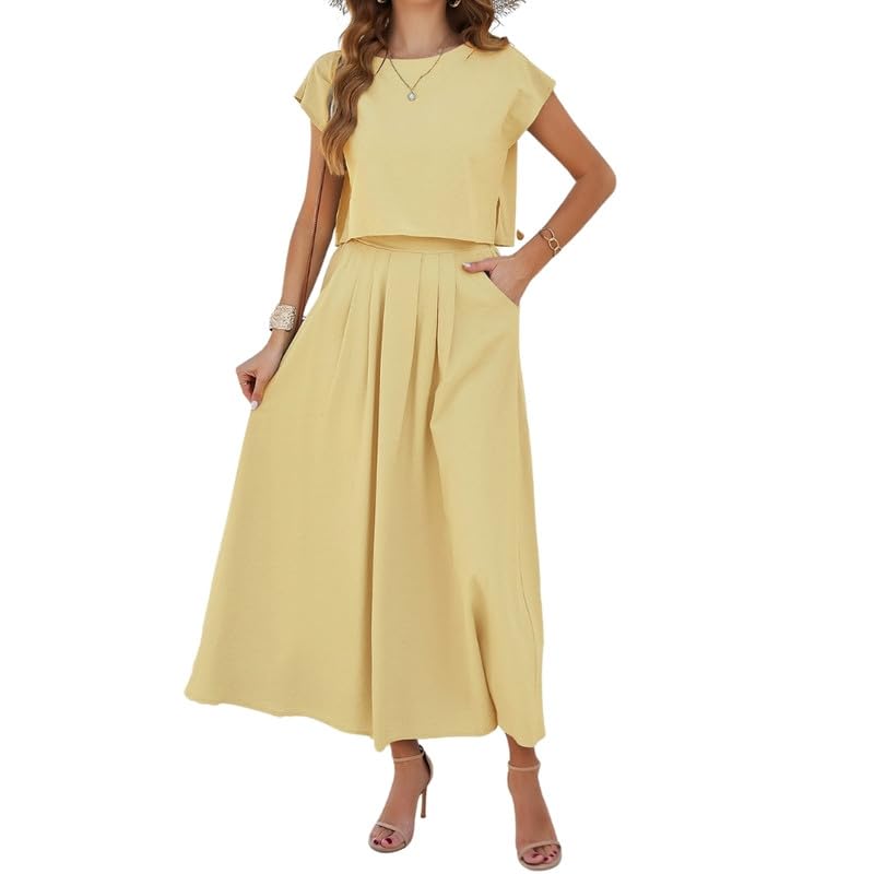 ftk Women's 2-Piece Casual Outfit – Loose Cap Sleeve Top & Long Pleated Skirt Set Yellow-picture-47