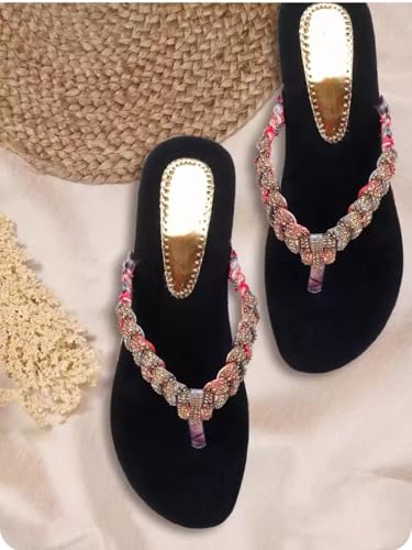Image of ZAPATOZ Women's Floral Platform Sandals with Braided Gold Embellishment, Black Velvet Thong Slippers, Printed Sole Design