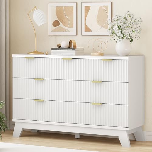 Image of Xixini Fluted Dresser for Bedroom with 7 Drawers, 48 inch Wide Modern Chest of Drawers with Metal Handle, Wooden Dresser TV Stand, Wood Closet Clothes Storage Organizer for Living Room, Hallway, White