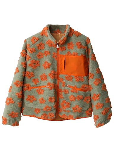 Yeokou Women Floral Jacket Winter Sherpa Fleece Coat Daisy Jacquard Stand Collar Full Zip-Up Pockets Warm Lining Outwear4