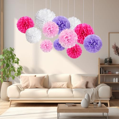 Image of 20 PCS Tissue Paper Pom Poms, Tissue Pom Poms Flowers, Sizes of 6 inch, 10 inch, 12 inch, 14 inch Hanging Paper Flower Ball for Wedding, Birthday, Halloween, Christmas, Baby Shower Party Decor (Pink Purple White)