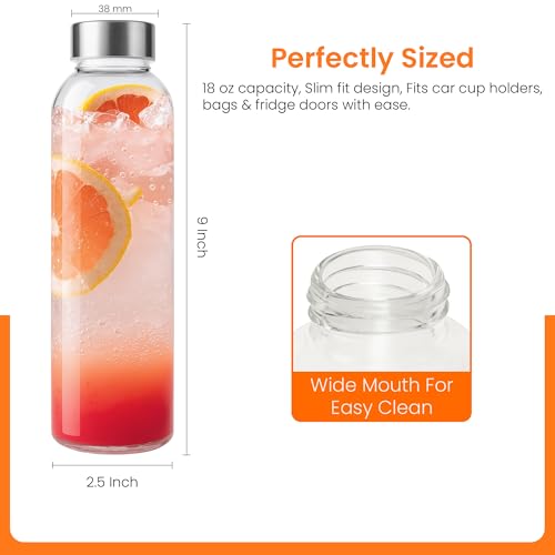 Epica Clear Glass Bottles with Lids, 18oz Resuable Glass Water Bottles for Juicing with Stainless Steel Cap to store Milk, Smoothie, etc., 100% Leak Proof, Durable and Dishwasher Safe (Set of 6) - Image 3