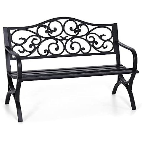 Sophia & William 50" Outdoor Garden Bench Patio Park Bench, Cast Iron Metal Frame Furniture with Floral Design Backrest for Porch Yard Lawn Deck, Black Cover