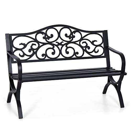 Sophia & William 50" Outdoor Garden Bench Patio Park Bench, Cast Iron Metal Frame Furniture with Floral Design Backrest for Porch Yard Lawn Deck, Black
