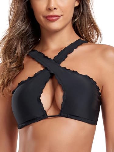 RELLECIGA Women's Wavy Bikini Top Criss Cross Cutout Bathing Suit3