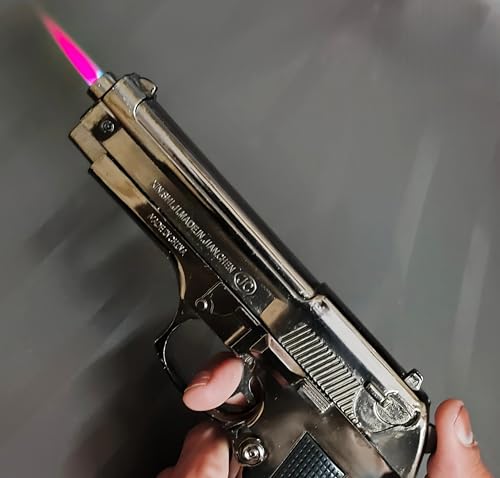 Image of Gun Lighter Pistol Lighter Heavy Weight Metal Body Gun Pistol Shaped with Barrel Pull Back System and Holster Pocket Lighter for Decorative, Smoking Filled with Gas -Grey