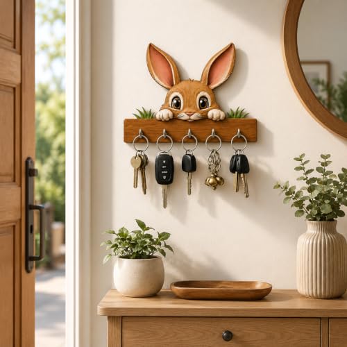 Image of placid & co. Cute Bunny Wooden Key Holder for Wall Hanging | Decorative Rabbit Key Hanger with Hooks | Key Stand for Home Entrance | Wall Mounted Key Organizer | Home Decor Gift